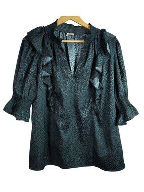 Good Hart Matilda Jane Ruffle It Up Pullover Top Black Green XL Smocked V Neck
